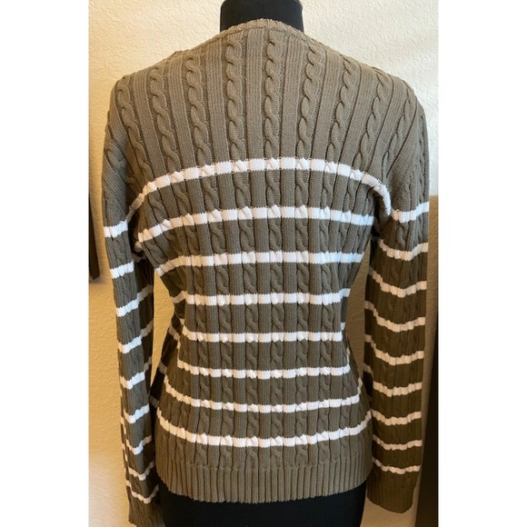 Lauren Ralph Lauren Cable Knit Sweater - Olive Green and White Striped - Sz L - Picture 2 of 5